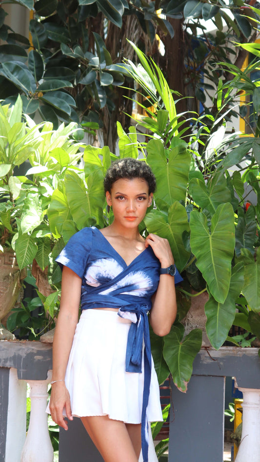 SAKUMONO WRAP TOP | INDIGO- READY TO SHIP-SIZE XS