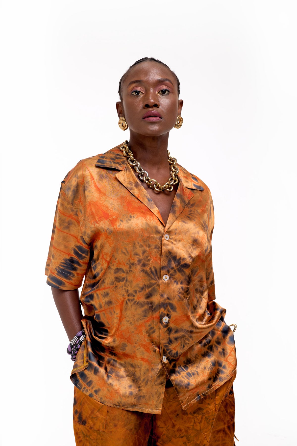 UNISEX CAPE COAST UNISEX BOWLING SHIRT | ADIRE RUST