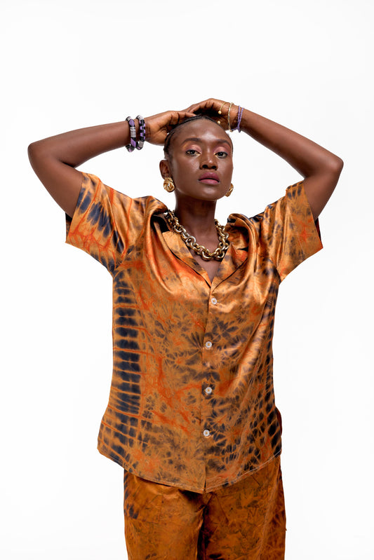 UNISEX CAPE COAST UNISEX BOWLING SHIRT | ADIRE RUST